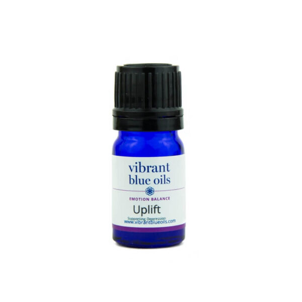 A small blue bottle labeled "Uplift™ - 5 ml Essential Oil - emotion balance" on a white background.