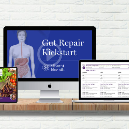 A digital device mockup displaying a Gut Repair Kickstart Class program, with the main content visible on a desktop monitor and supplementary information on a tablet and smartphone.