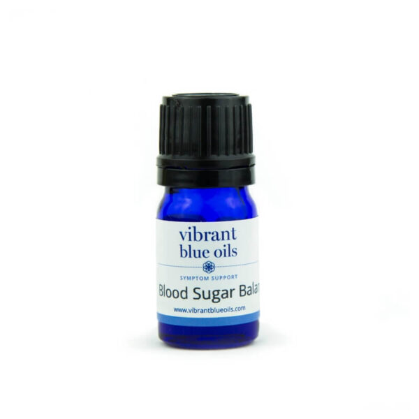 A small blue bottle with a black cap, labeled "vibrant blue oils" for "Blood Sugar Balance™", possibly indicating a product for Blood Sugar Balance™ Essential Oil. The full text is obscured.