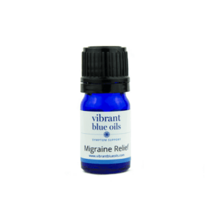 A small bottle with a blue label that reads "Migraine Relief™ - vibrant blue oils – symptom support – www.vibrantblueoils.com" against a white background.