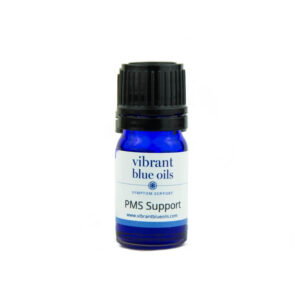 A small blue bottle with a black cap labeled "PMS Support™ - 5 ml" for enhanced relief, with the website "vibrantblueoils.com" mentioned below the product name.